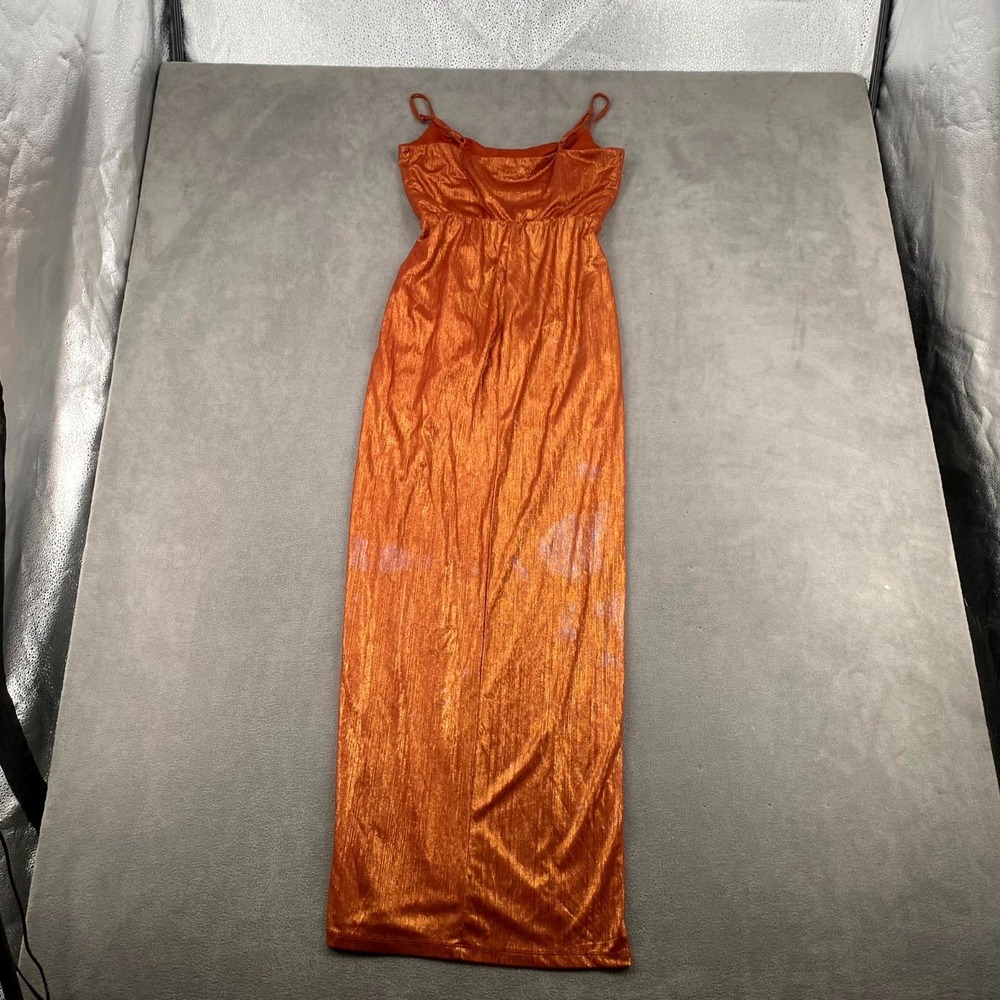 Social Couture Maxi Dress Womens 9/10 Metallic Orange Ruched Wedding Cowl Neck - Picture 7 of 10